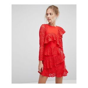 Aijek Mae Ruffled Lace Mini Dress in Rouge